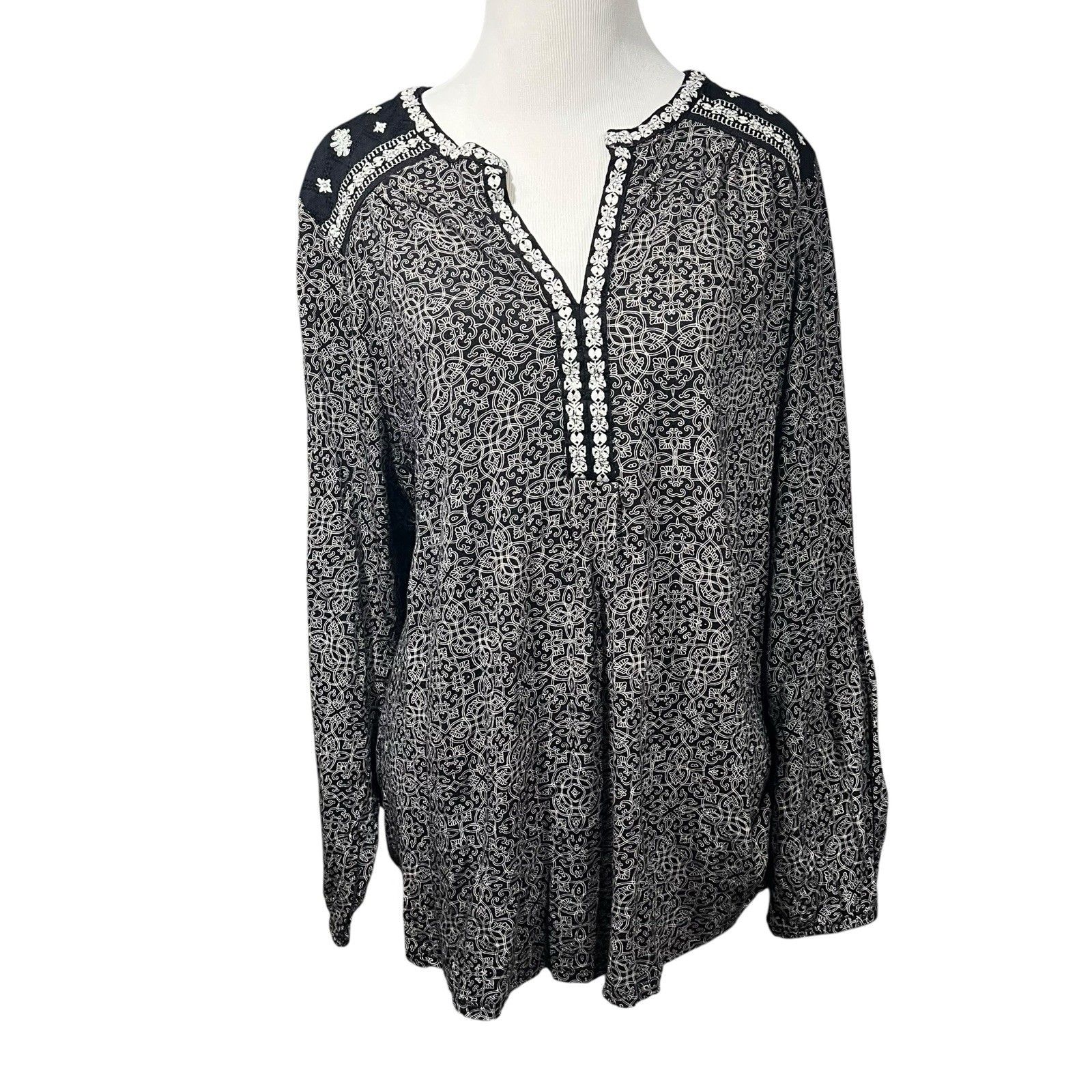 Lucky Brand 3x Black & White Embroidered Tunic Top Long Sleeve Boho Modal Cotton